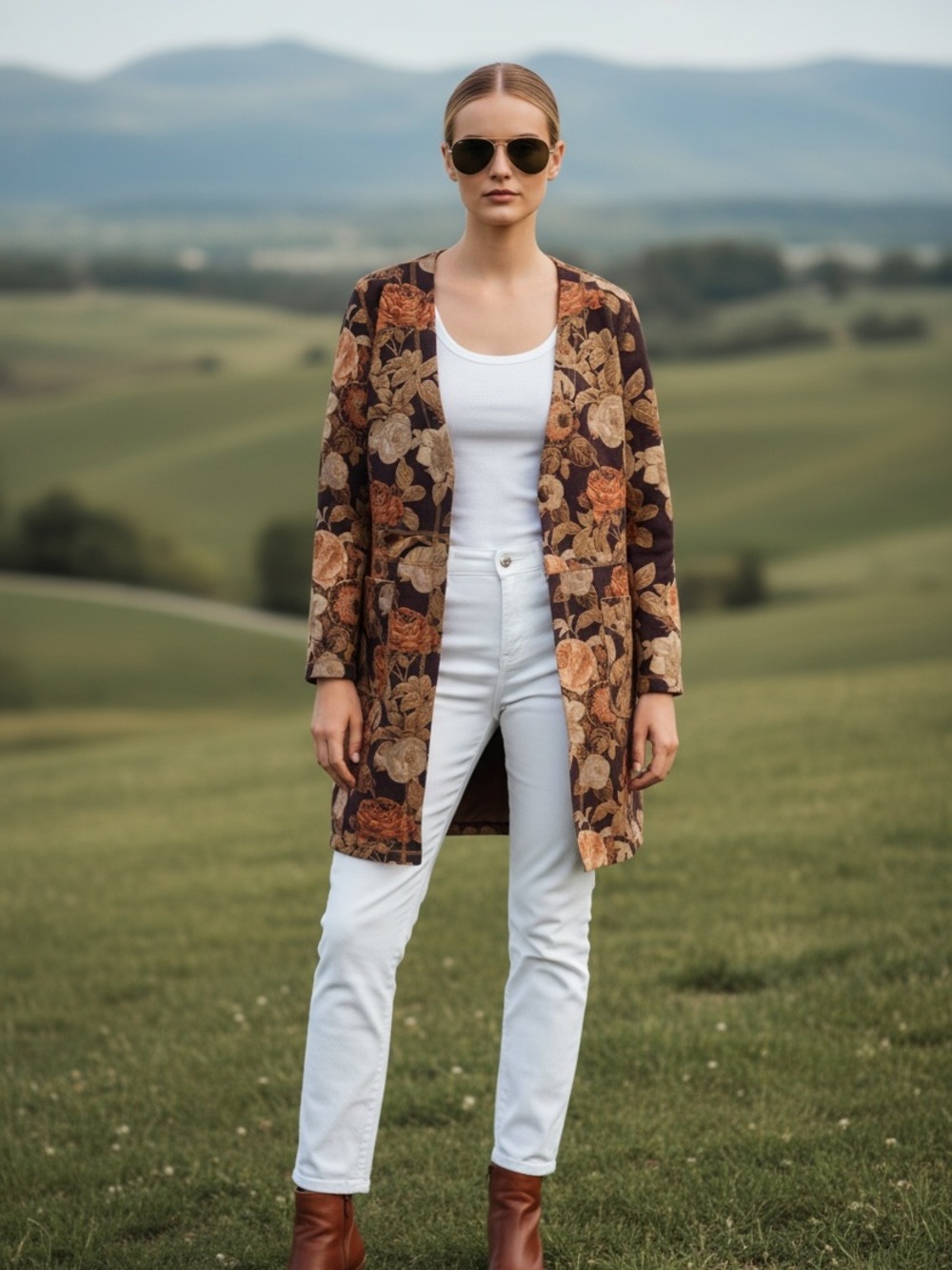 Solitaire Floral Brown & Tan Pea faux suede Coat